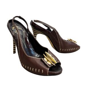 Zac‎ Posen Brown Leather Peep Toe Slingback Y2K Striped Heels Size 7
